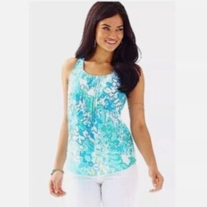 Lilly Pulitzer Aqua Teal Floral Zip-Front Tank Top